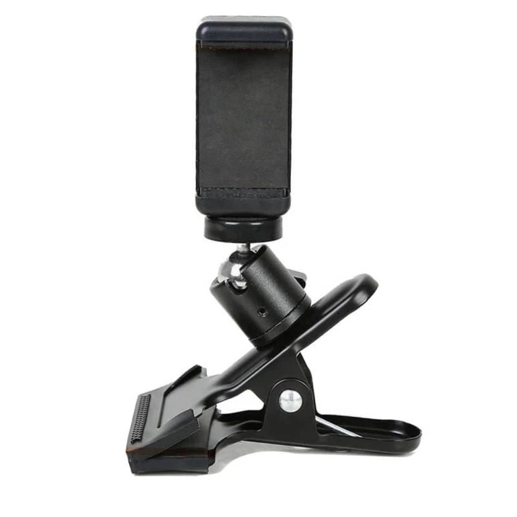 Front view of the ComfyGo phone holder with cradle in upright position on a spring-loaded clamp base