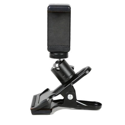 Front view of the ComfyGo phone holder with cradle in upright position on a spring-loaded clamp base