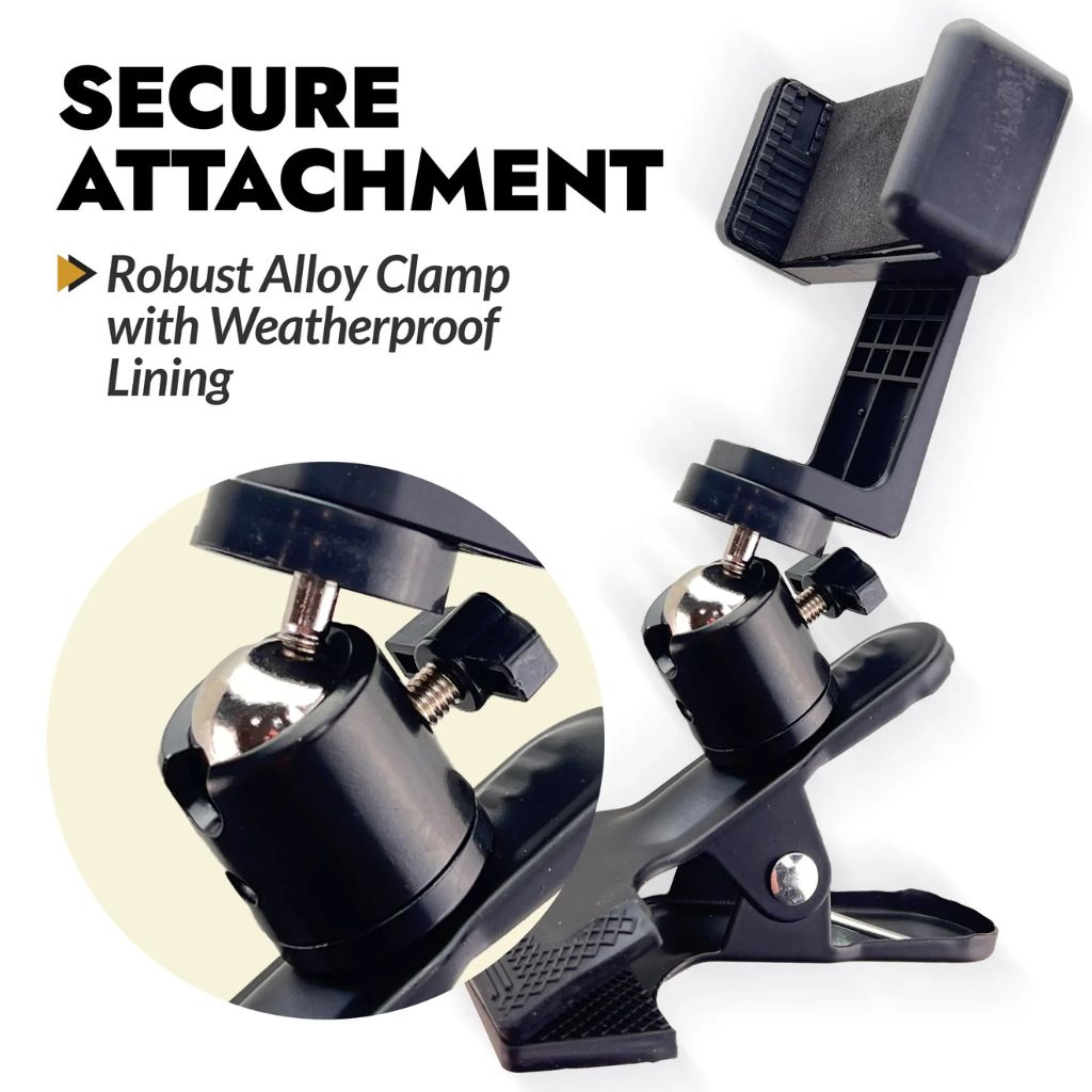 Close-up of the ComfyGo phone holder's alloy ball joint and clamp with weatherproof lining for secure attachment