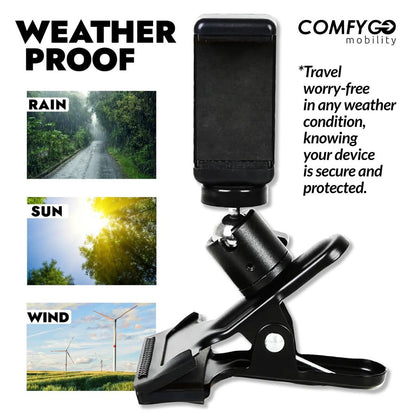 ComfyGo phone holder shown as weatherproof against rain, sun, and wind, keeping your device secure while you trave
