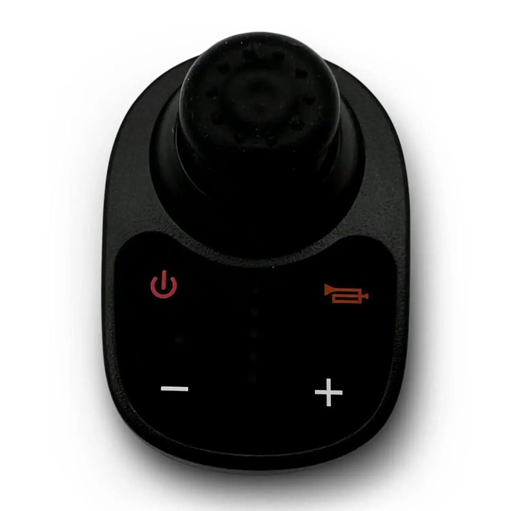 Front view of the ComfyGo wireless caregiver remote with joystick, power button, horn button, and speed controls