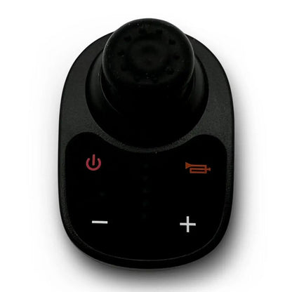 Front view of the ComfyGo wireless caregiver remote with joystick, power button, horn button, and speed controls