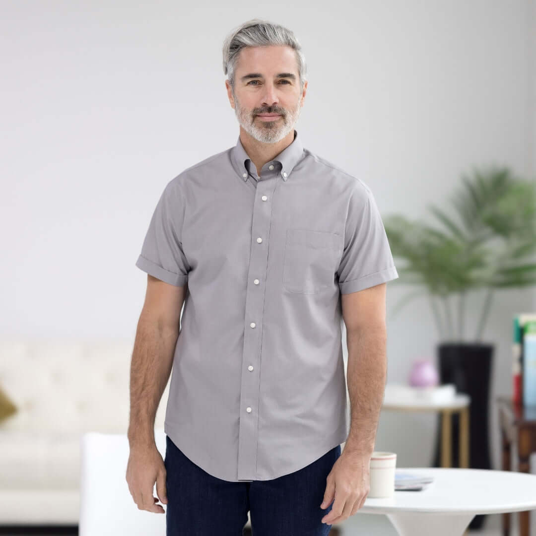 Dove Grey Short Sleeve Button Down Collar Shirt with Magnetic Closures