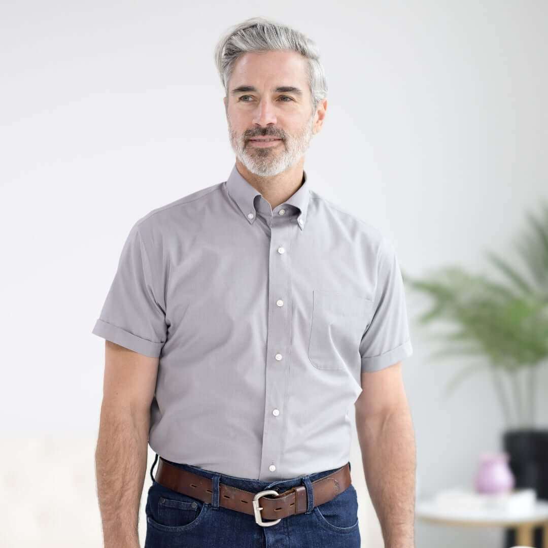 Dove Grey Short Sleeve Button Down Collar Shirt with Magnetic Closures