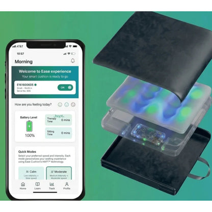 Ease Cushion app showing battery level, sitting time, and quick modes, next to an exploded view of the cushion's internal layers