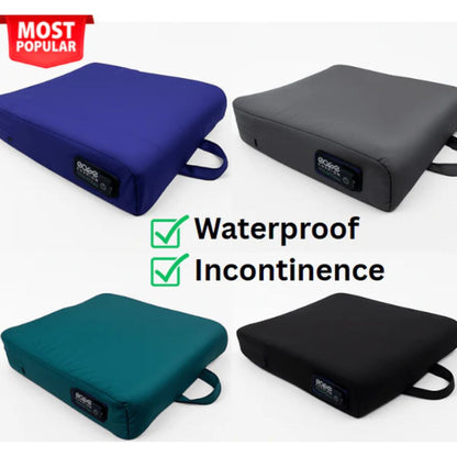 Ease Cushion waterproof, incontinence-friendly covers shown in all four colors: blue, gray, teal, and black