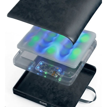 Exploded view of the Ease Cushion showing its cover, alternating-pressure foam layer, electronics module, and base