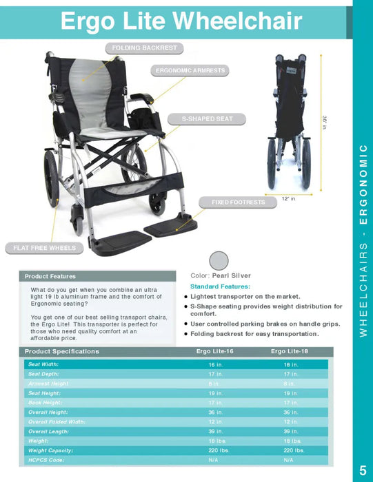 Ergo Lite-Ultra Lightweight Ergonomic Transport Wheelchair