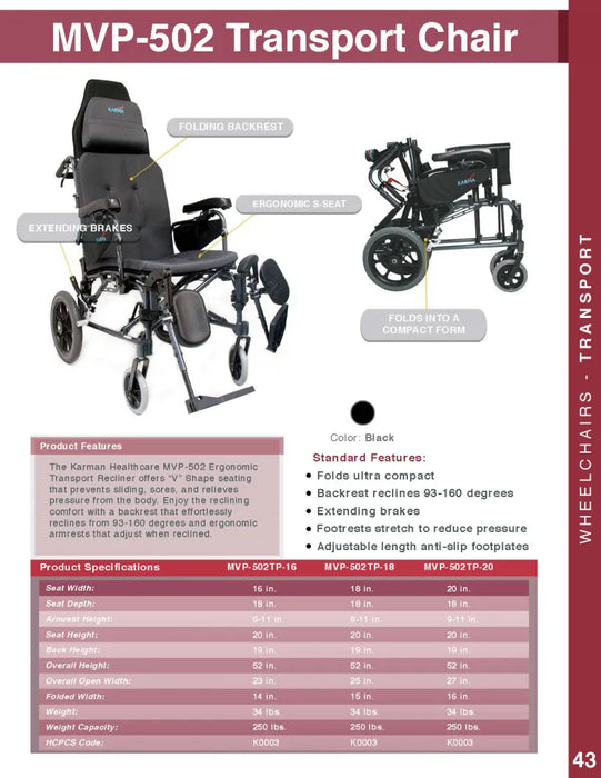 MVP502 16" seat Lightweight Ergonomic Reclining Wheelchair by Karman