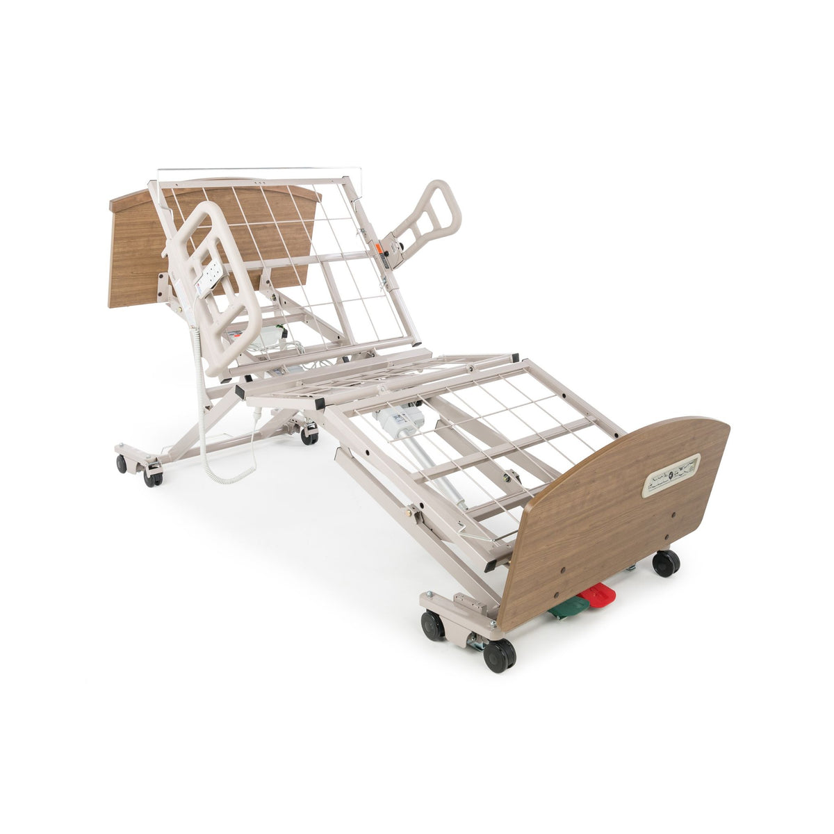 Graham-Field Zenith 7200 bed at full height with the head section raised and assist rail attached