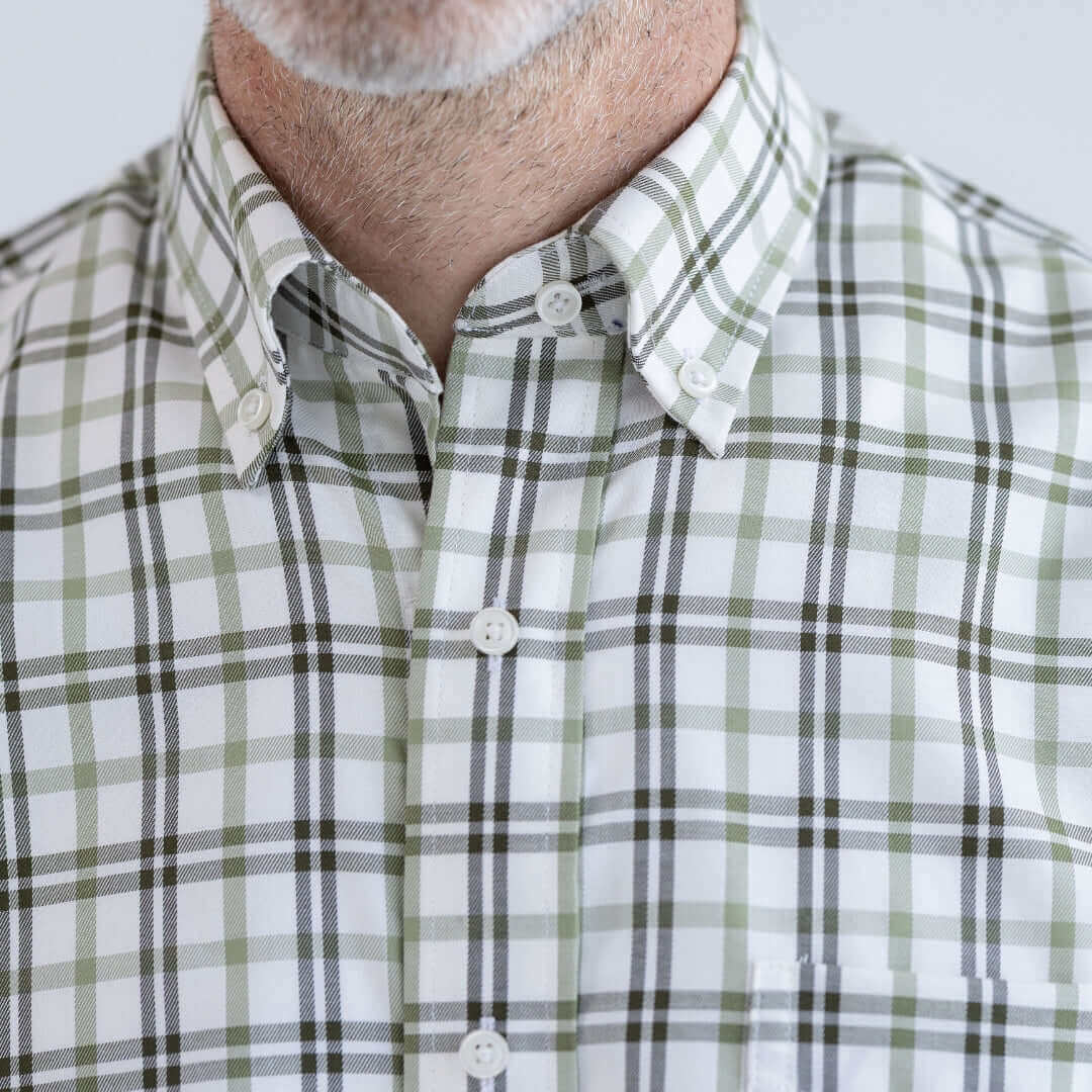 Green and Black Plaid Long Sleeve Button Down Collar Shirt with Velcro Closures