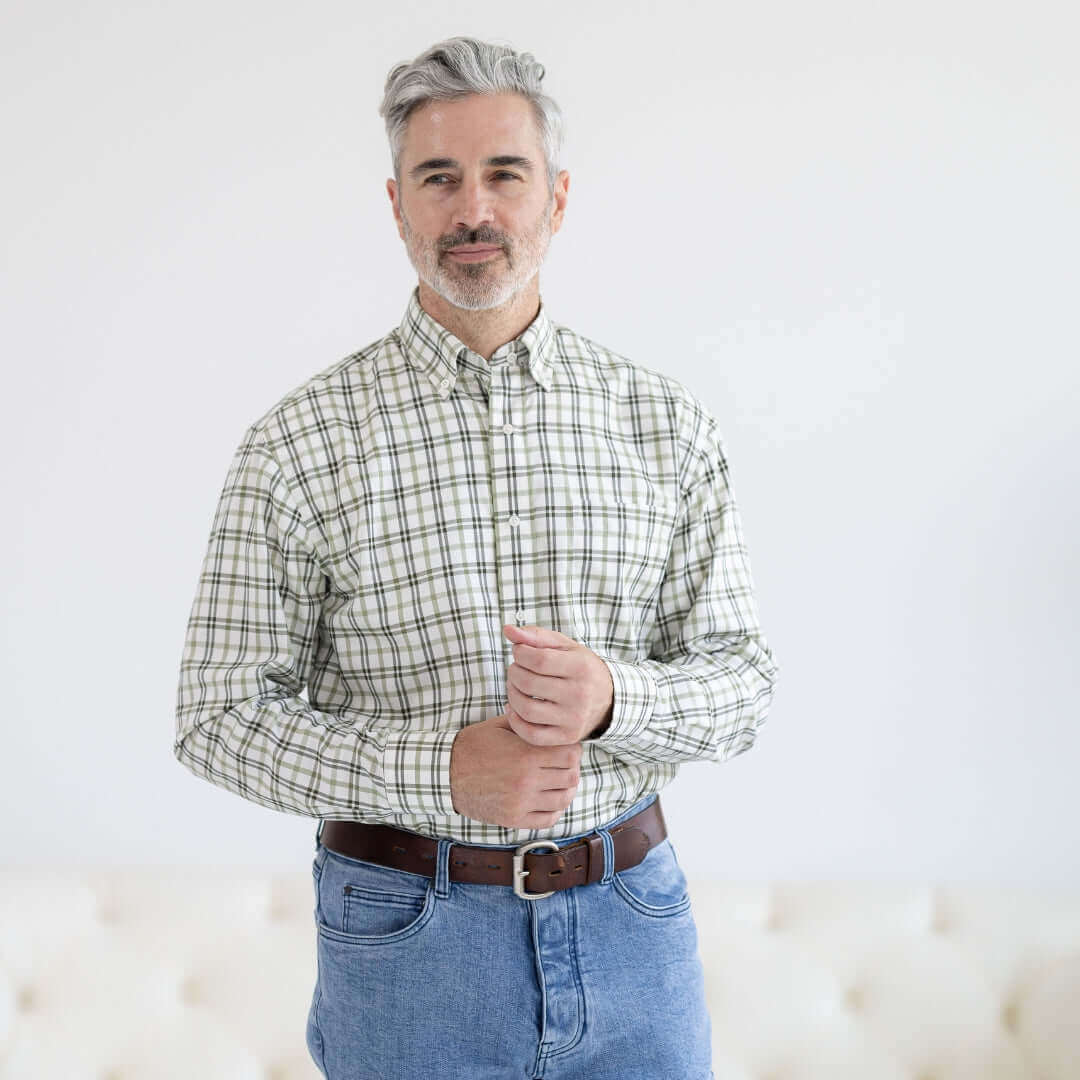 Green and Black Plaid Long Sleeve Button Down Collar Shirt with Velcro Closures