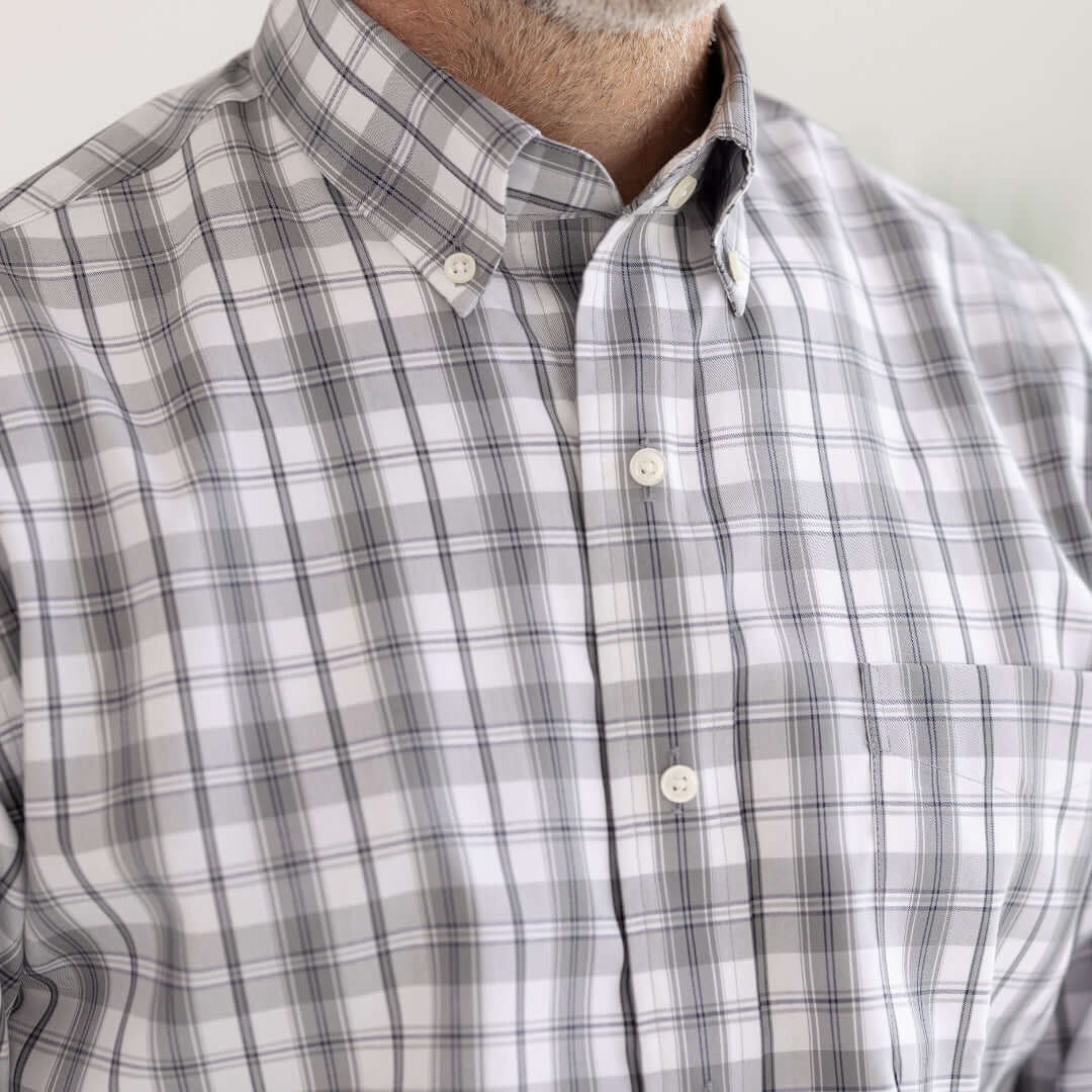 Grey Check Long Sleeve Button Down Collar Shirt with Magnetic Closures