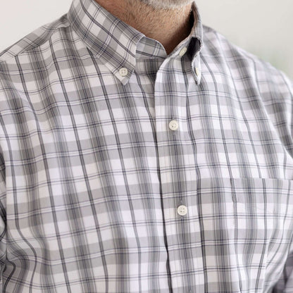 Grey Check Long Sleeve Button Down Collar Shirt with Magnetic Closures