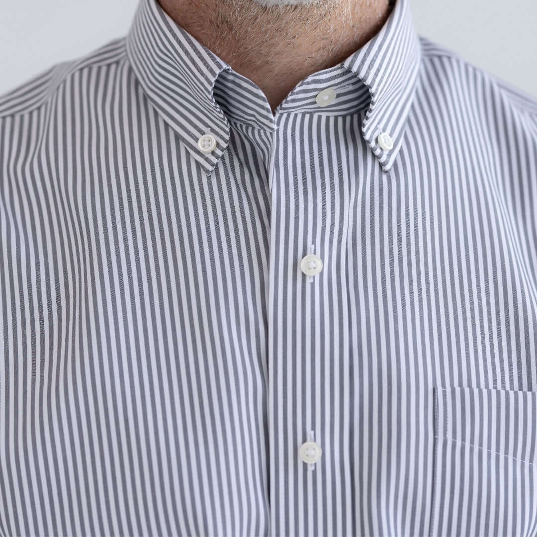 Grey Stripe Long Sleeve Button Down Collar Shirt with Magnetic Closures