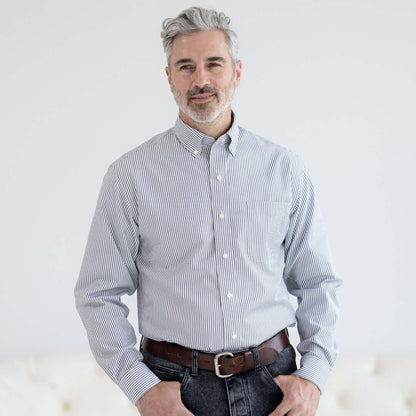 Grey Stripe Long Sleeve Button Down Collar Shirt with Magnetic Closures