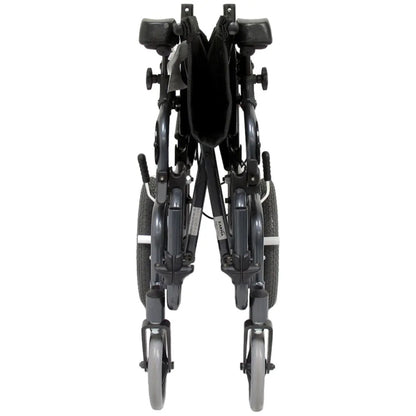Front view of the folded Karman VIP-515-TP tilt-in-space reclining wheelchair showing compact transport and storage configuration on a white background