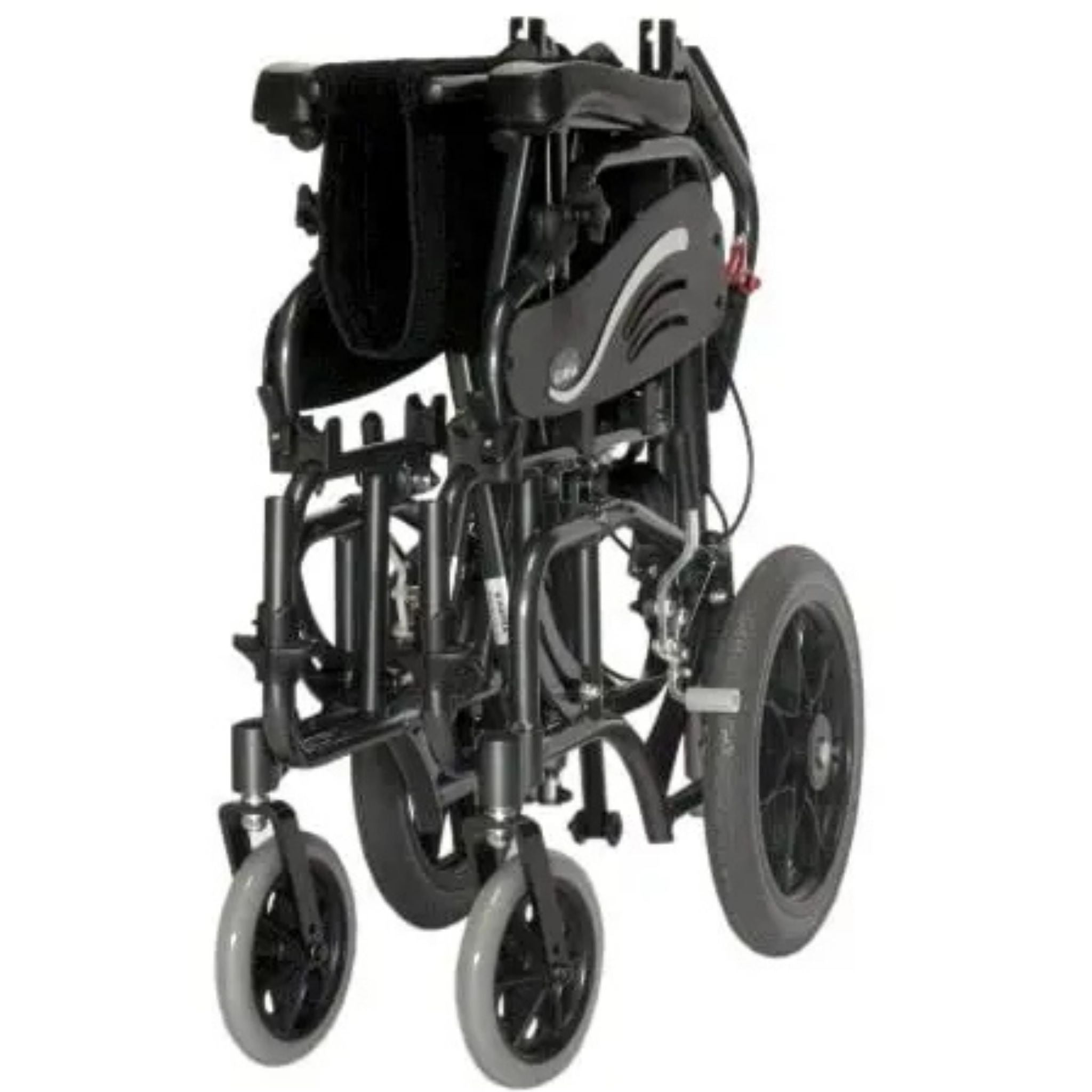 Folded Karman VIP-515-TP tilt-in-space reclining wheelchair shown from the rear angle for transport and storage with compact folding frame on a white background