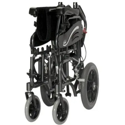 Folded Karman VIP-515-TP tilt-in-space reclining wheelchair shown from the rear angle for transport and storage with compact folding frame on a white background