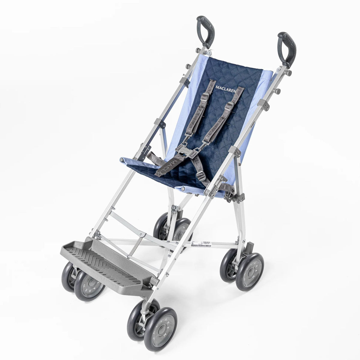 Maclaren Major Elite special needs stroller in Soft Blue/Navy with quilted seat, five-point harness, and footrest, three-quarter view