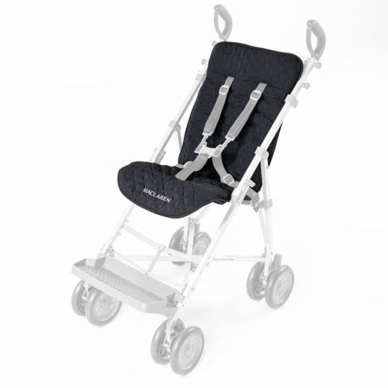 Maclaren Major Elite quilted padded seat liner in Black installed on the stroller seat with harness threaded through