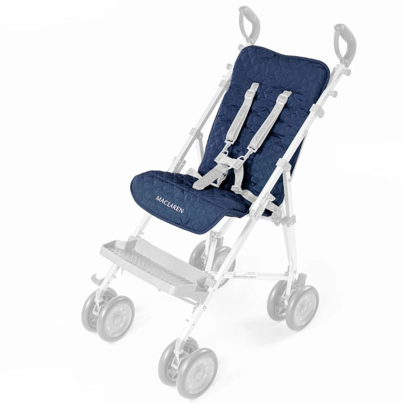 Maclaren Major Elite quilted padded seat liner in Navy installed on the stroller seat with harness threaded through