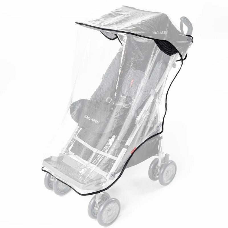 Maclaren Major Elite clear rain cover fitted over the stroller and canopy with ventilated panels
