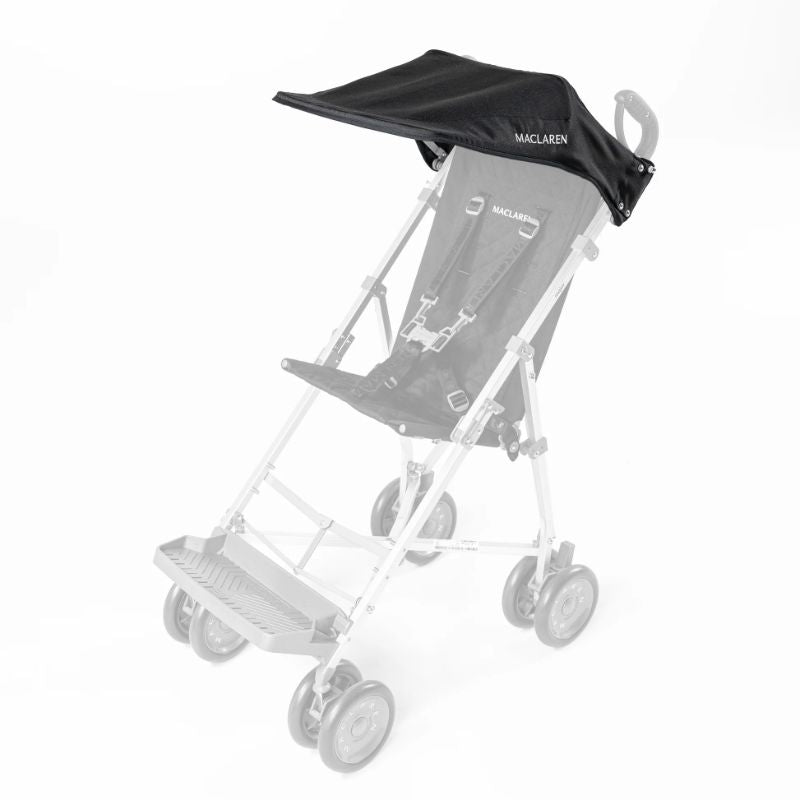 Maclaren Major Elite black sun canopy attached to the top of the stroller frame, shading the seat