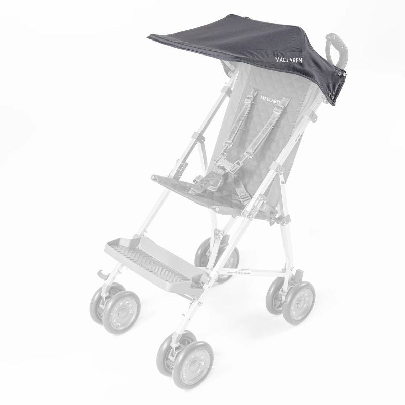 Maclaren Major Elite grey sun canopy attached to the top of the stroller frame, shading the seat