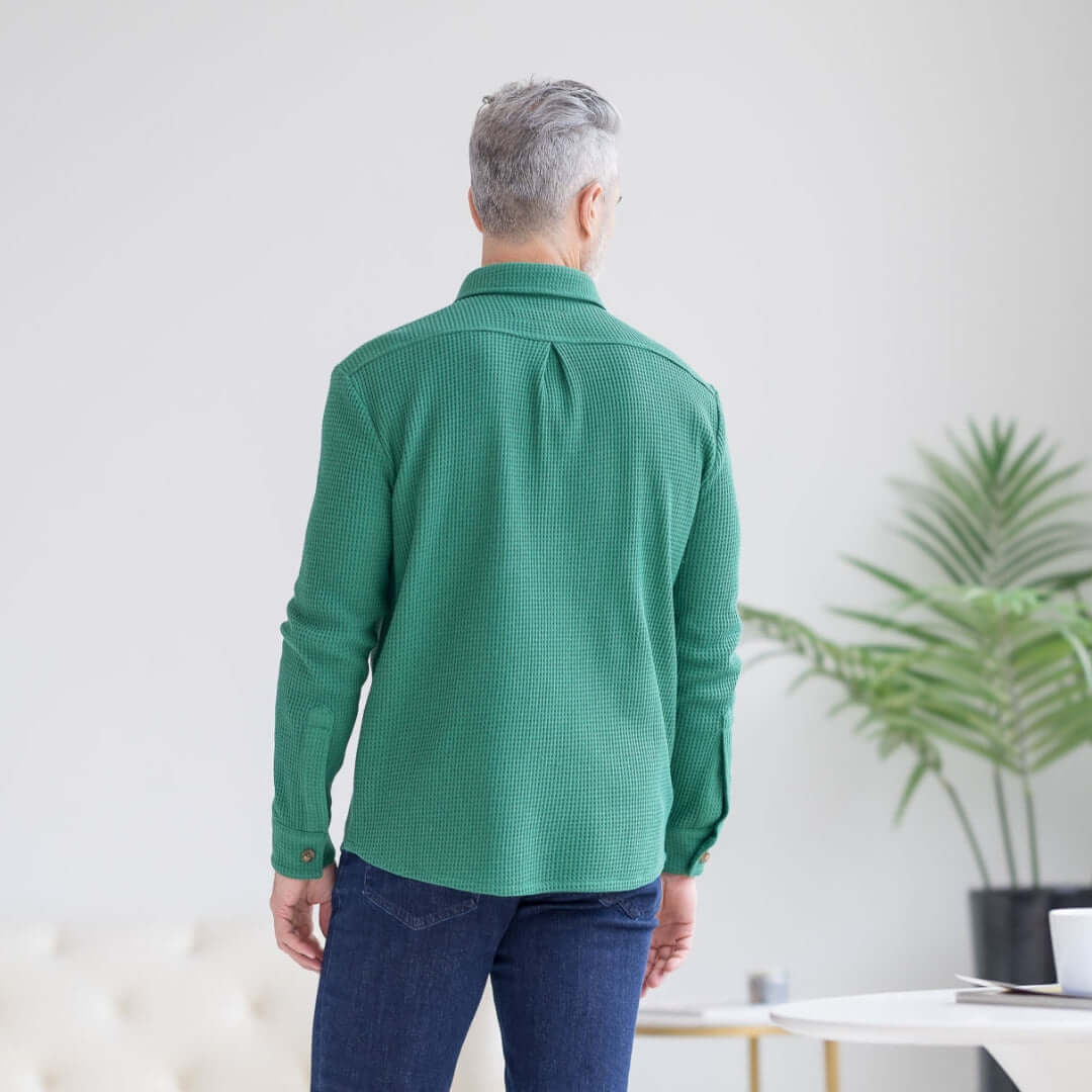 Magnetic Front Waffle Weave Casual Shirt with Dual Oversized Pockets in Green