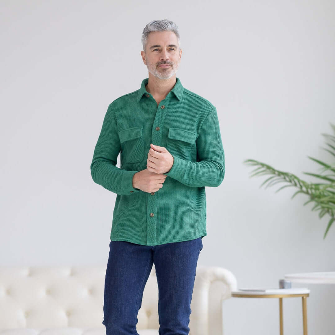 Magnetic Front Waffle Weave Casual Shirt with Dual Oversized Pockets in Green