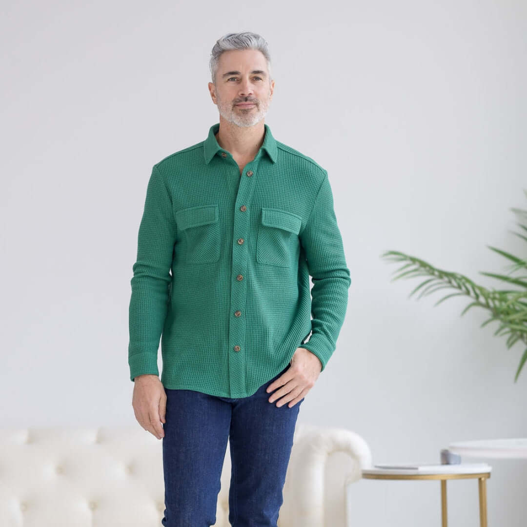 Magnetic Front Waffle Weave Casual Shirt with Dual Oversized Pockets in Green