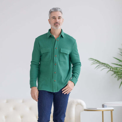 Magnetic Front Waffle Weave Casual Shirt with Dual Oversized Pockets in Green