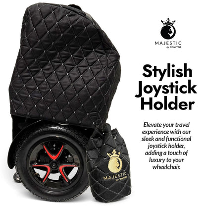 Majestic quilted joystick holder bag hanging beside a covered folded wheelchair, with gold embroidered logo
