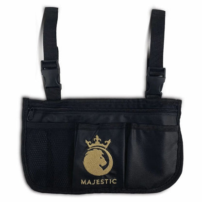 Majestic multipurpose storage bag with zippered top pocket, mesh cup holder, front pockets, and buckle attachment straps