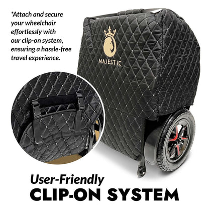 Majestic travel bag with close-up inset of the clip-on buckle system that secures the bag to the folded wheelchair
