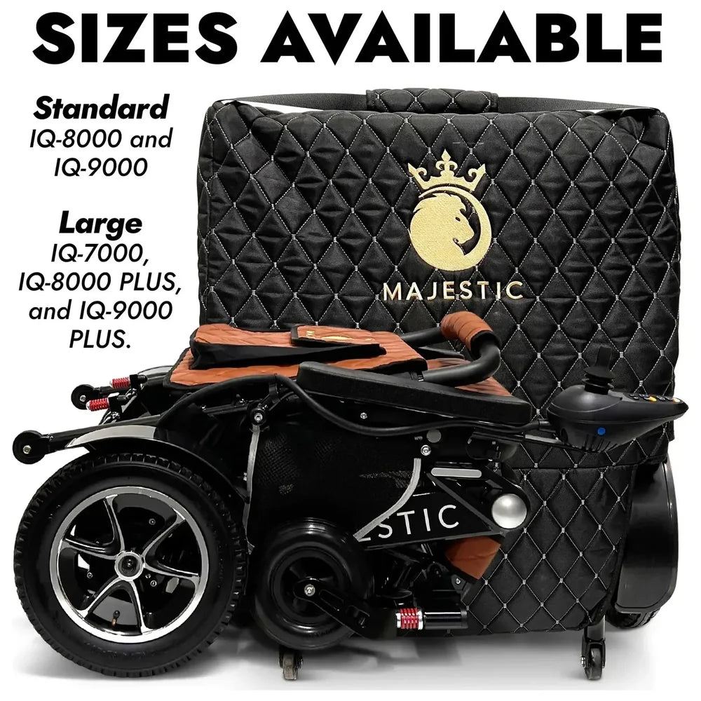 Majestic travel bag size chart: Standard fits the IQ-8000 and IQ-9000, Large fits the IQ-7000, IQ-8000 Plus, and IQ-9000 Plus