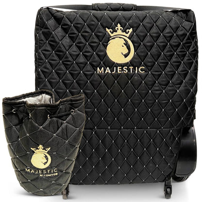 Majestic travel bag on a folded wheelchair shown with the matching quilted drawstring controller bag in front