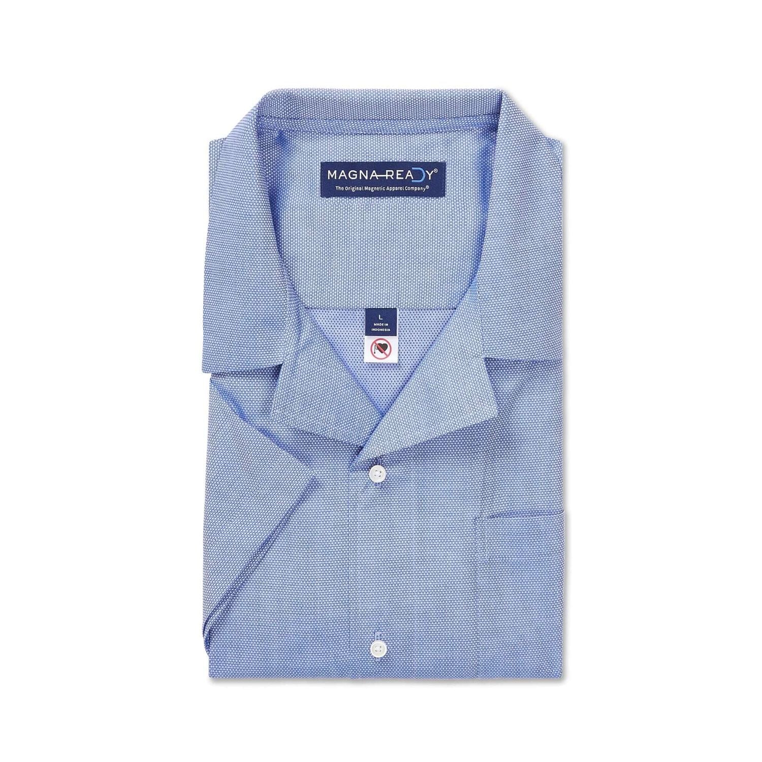 Short Sleeve Untucked Solid Blue Camp Casual Shirt with Magnetic Closures by MagnaReady®