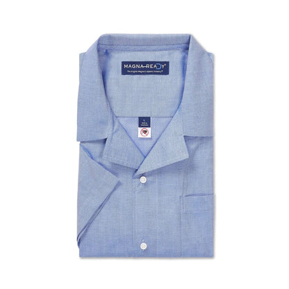 Short Sleeve Untucked Solid Blue Camp Casual Shirt with Magnetic Closures by MagnaReady®