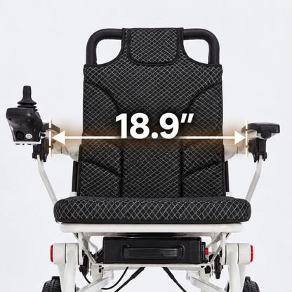 Front view of the OAS Air Pro 2027 electric wheelchair showing 18.9 inches of space between the armrests