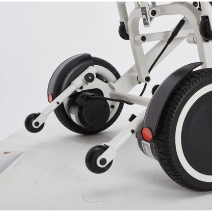 Rear view of the OAS Air Pro 2027 adjustable anti-tip wheels and 8.5-inch rear drive wheels on an incline