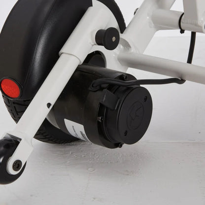 Close-up of the OAS Air Pro 2027 brushless rear-wheel motor and anti-tip wheel adjustment knob