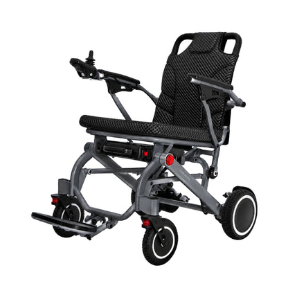 OAS Air Pro 2027 lightweight folding electric wheelchair in Charcoal Grey, front angle view with quilted seat and joystick controller