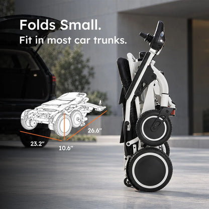 OAS Air Pro 2027 electric wheelchair folded beside an open car trunk, folded size 10.6 by 26.6 by 23.2 inches