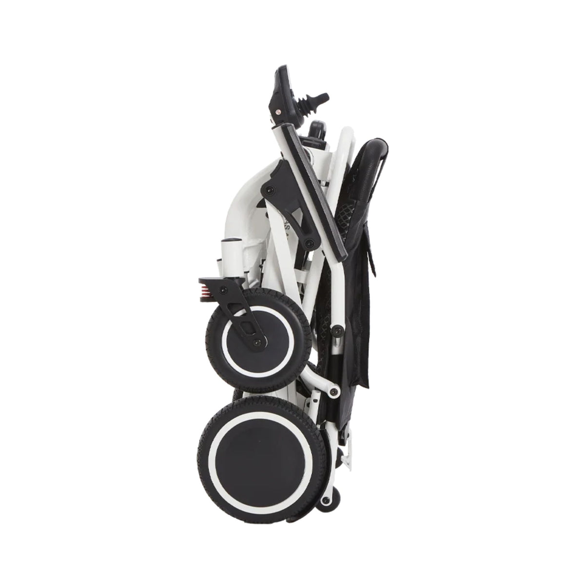 OAS Air Pro 2027 electric wheelchair folded for travel, compact 10.6 x 26.6 x 23.2 inches to fit car trunks and airline storage