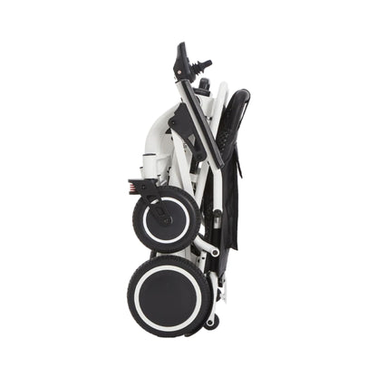 OAS Air Pro 2027 electric wheelchair folded for travel, compact 10.6 x 26.6 x 23.2 inches to fit car trunks and airline storage
