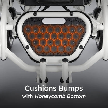 Underside of the OAS Air Pro 2027 flip-up footrest showing the honeycomb structure that absorbs bumps and vibration