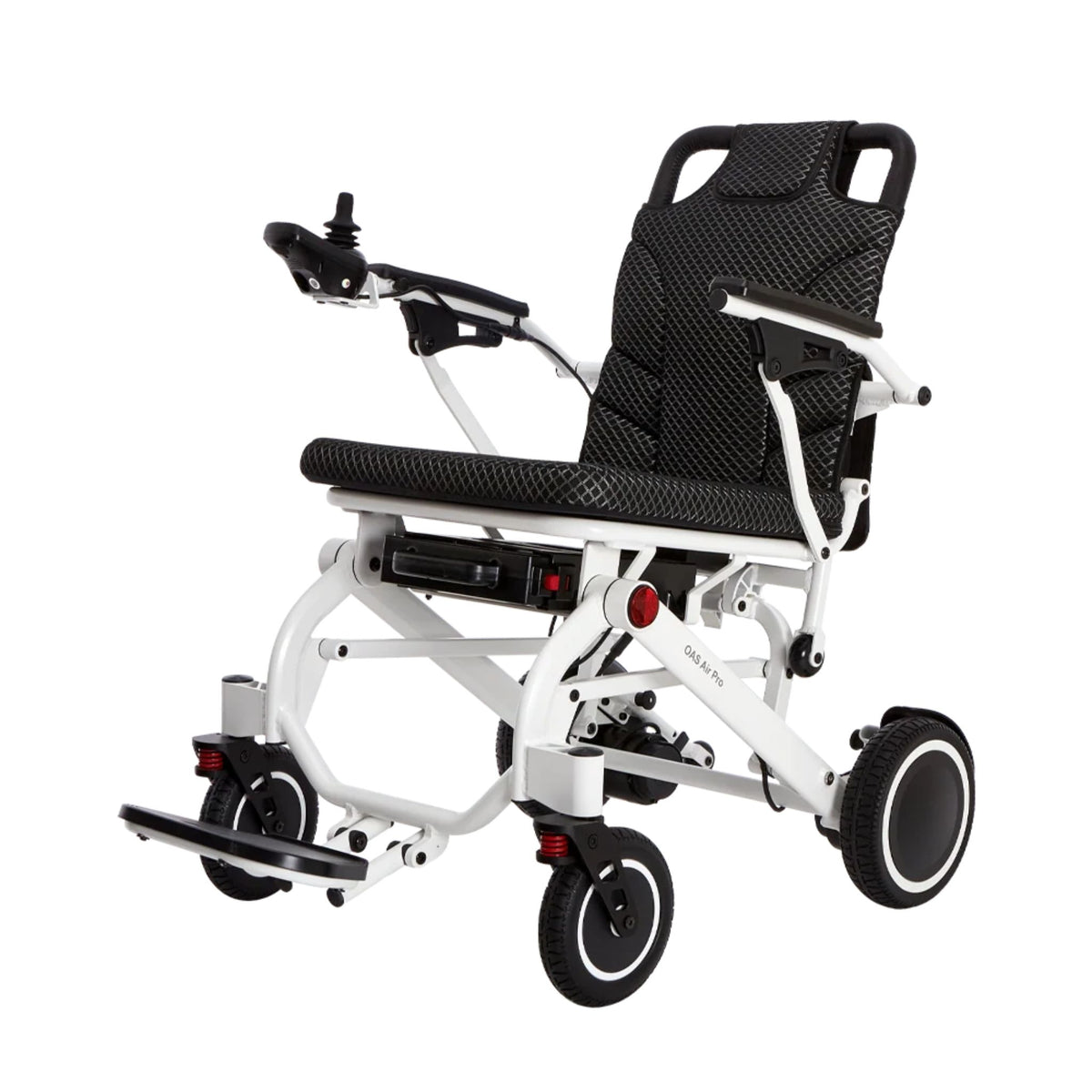 OAS Air Pro 2027 electric wheelchair in Ivory, front angle view showing wider 17.7-inch seat, 360-degree joystick and removable battery