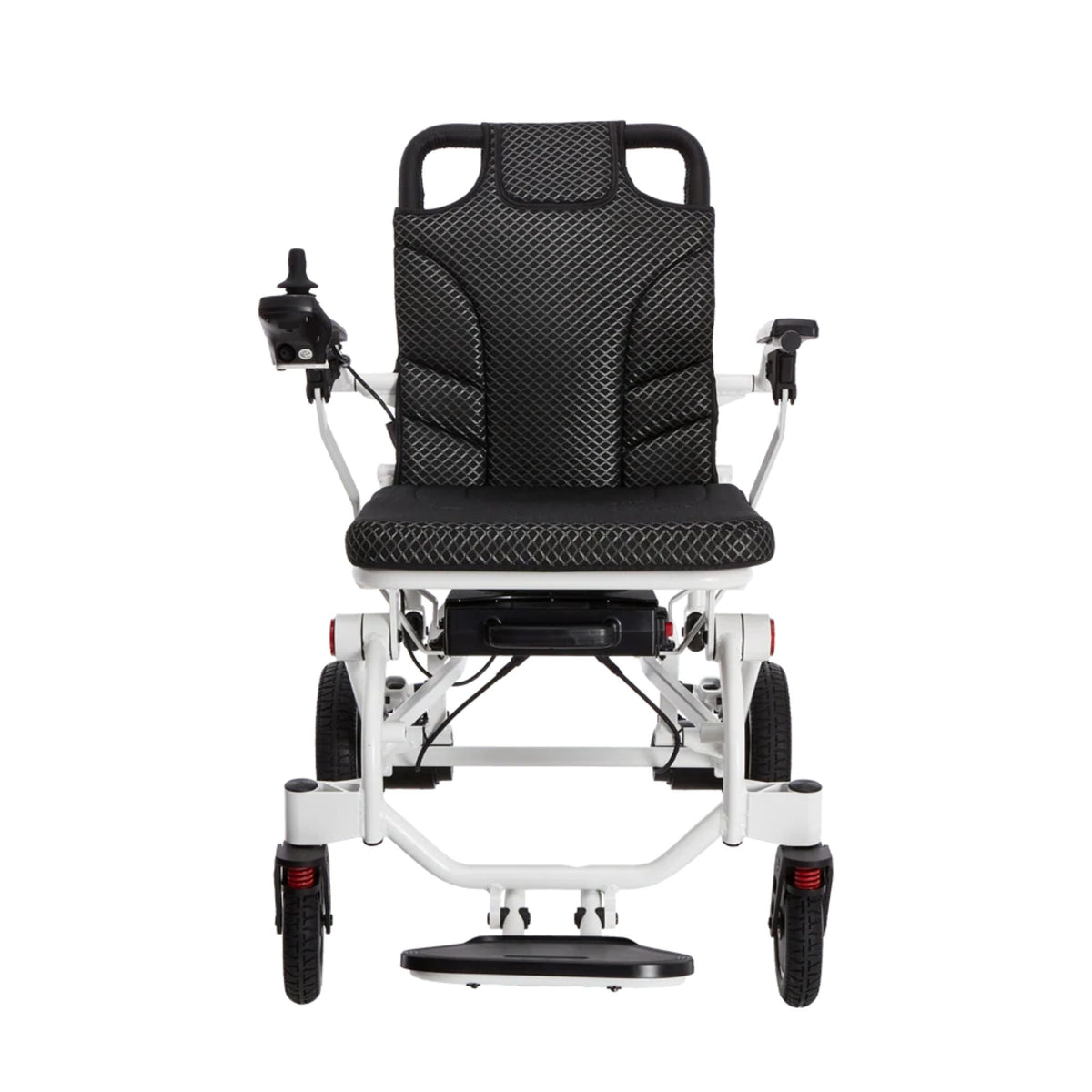 OAS Air Pro 2027 lightweight folding electric wheelchair in Ivory, front view showing quilted seat and backrest, joystick and front suspension